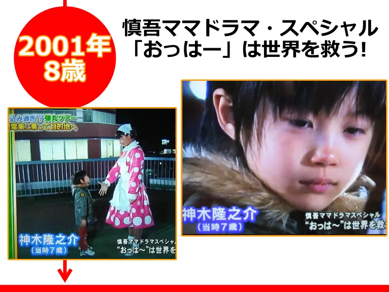 神木隆之介さんが2001年（8歳のとき）に出演したドラマ「慎吾ママドラマ・スペシャル 「おっはー」は世界を救う!（」